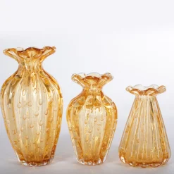 Officine di Murano 1295 1950 Set di 3 vasi in ambra con bolle d'oro