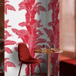 Wallpapers4Beginners Carta da parati a foglie di palma tropicale in rosso e bianco