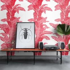 Wallpapers4Beginners Carta da parati a foglie di palma tropicale in rosso e bianco