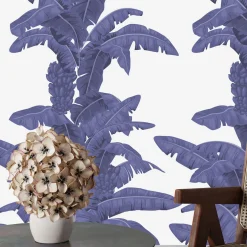 Wallpapers4Beginners Carta da parati blu con foglie tropicali