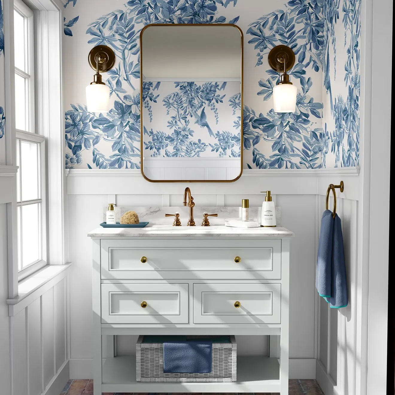 Wallpapers4Beginners Carta da Parati Bucolica Blu e Bianca con Rami e Uccelli