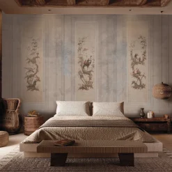 Officinarkitettura Carta da parati Chinoiserie beige e azzurro chiaro con elementi architettonici