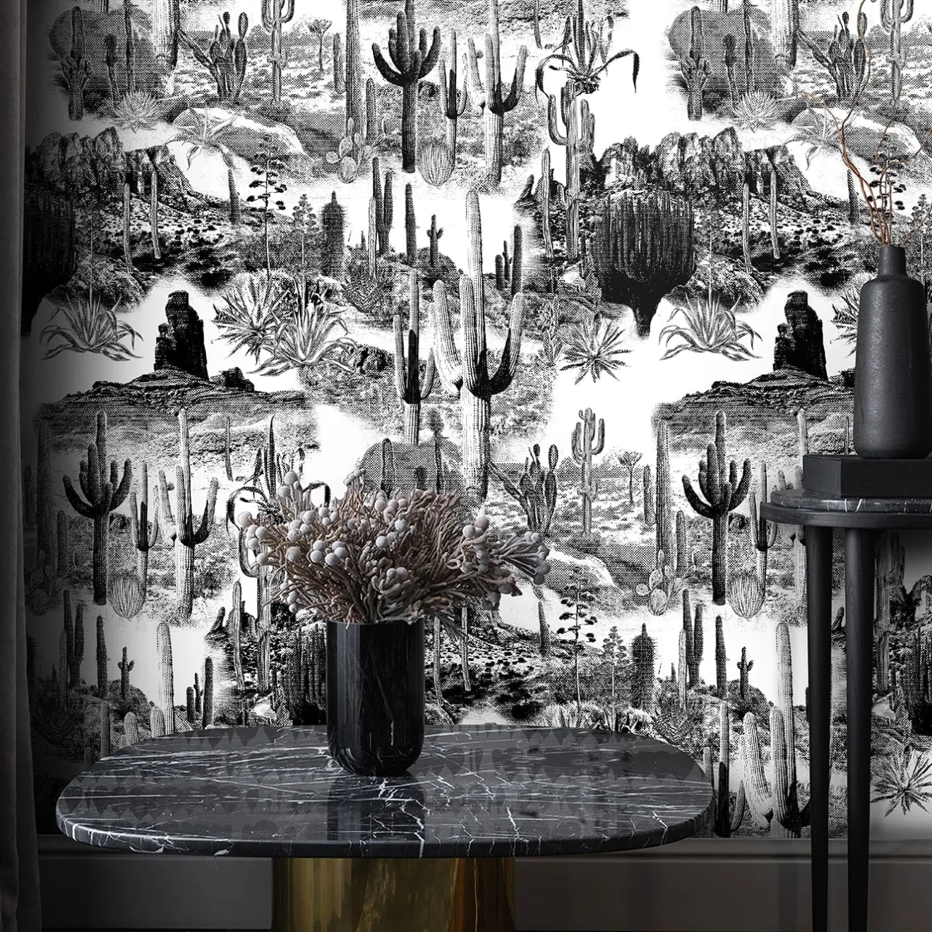 Wallpapers4Beginners Carta da Parati con Cactus in Bianco e Nero