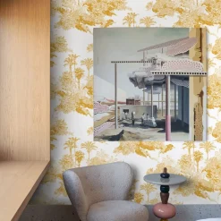 Wallpapers4Beginners Carta da Parati Toile de Jouy Francese con Giungla Gialla Senape