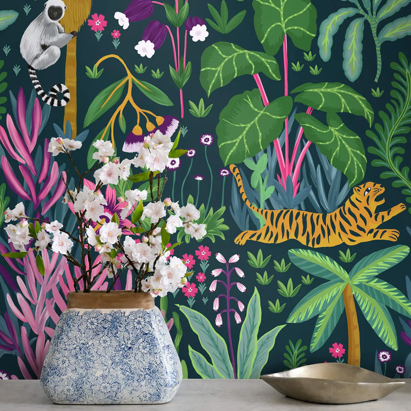 Wallpapers4Beginners Carta da Parati Tropicale Colorata con Giungla Scura