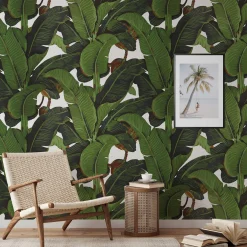 Wallpapers4Beginners Carta da Parati Tropicale Verde e Bianca con Foglie di Banano
