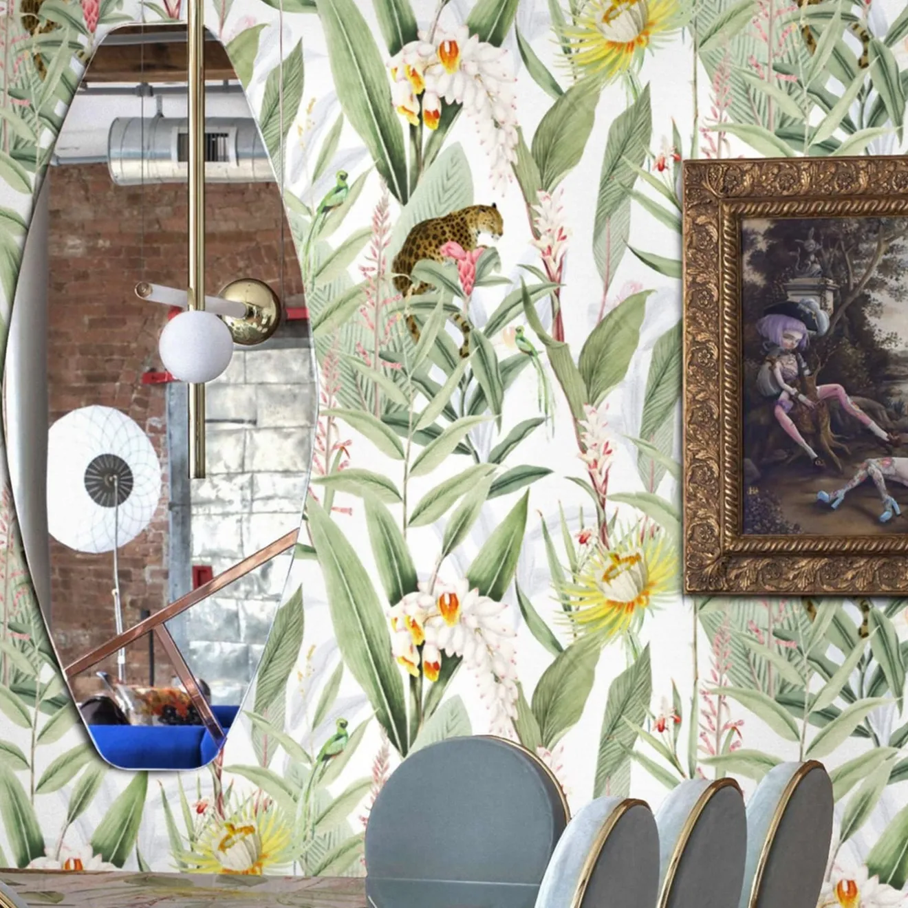 Wallpapers4Beginners Carta da parati vintage Foresta tropicale con giaguari e pappagalli