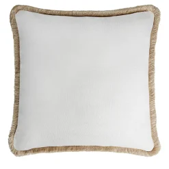 LO Decor Cuscino in lino Happy bianco con frange beige