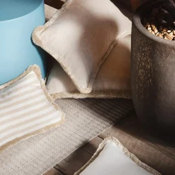 LO Decor Cuscino in lino Happy bianco con frange beige