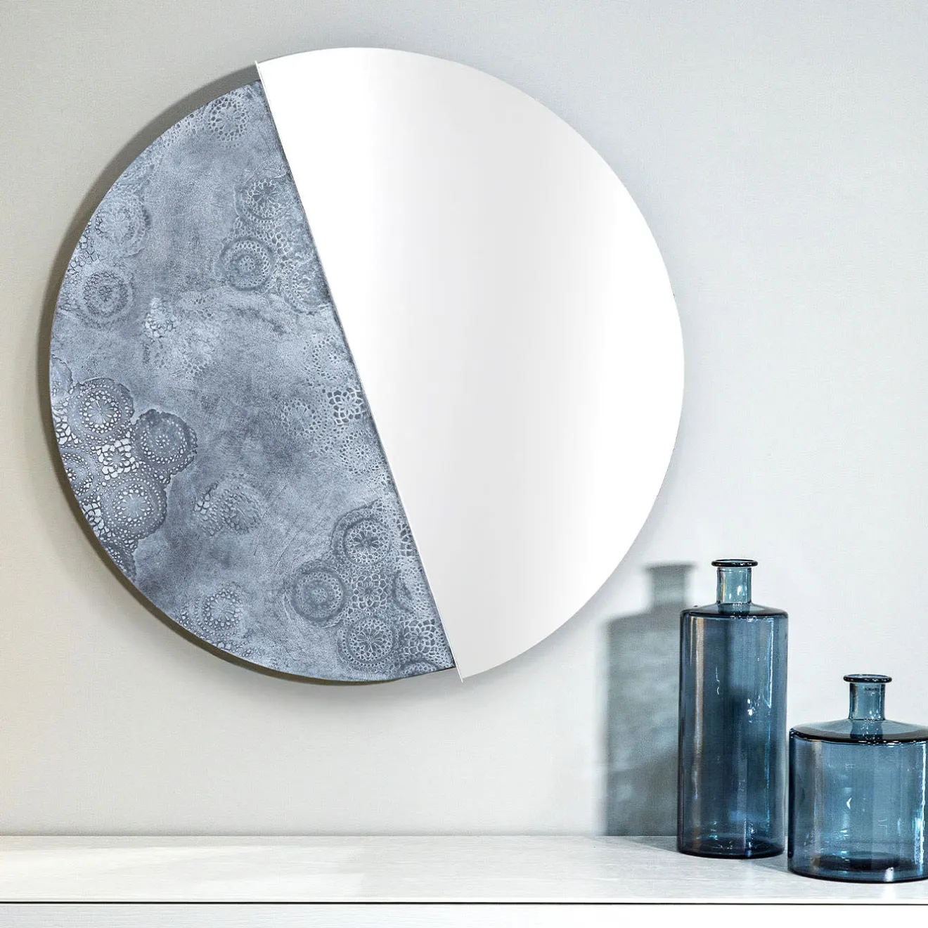 Disain 1971 Eclisse Specchio Tondo Decorato Con Resina Spatolata Color Argento