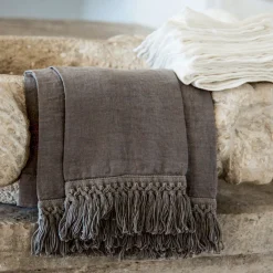 Once Milano Set di 2 asciugamani in lino blu chiaro con lunghe frange