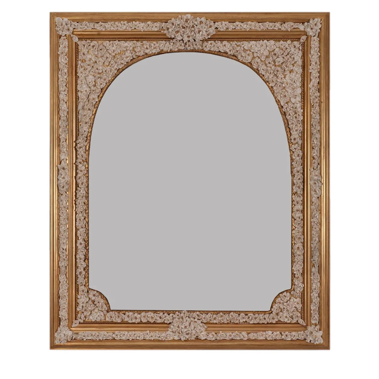 Caiafa Specchio ad arco con fiori in porcellana Capodimonte e dettagli dorati dipinti a mano