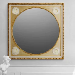 Caiafa Specchio da parete dorato con girasoli in porcellana di Capodimonte e dettagli in oro