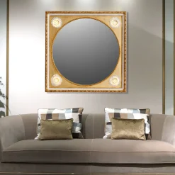 Caiafa Specchio da parete dorato con girasoli in porcellana di Capodimonte e dettagli in oro