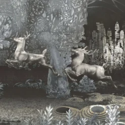 KOHRO Tessuto da rivestimento in poliestere Wildscape, nero e argento, scintillante