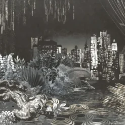 KOHRO Tessuto da rivestimento in poliestere Wildscape, nero e argento, scintillante