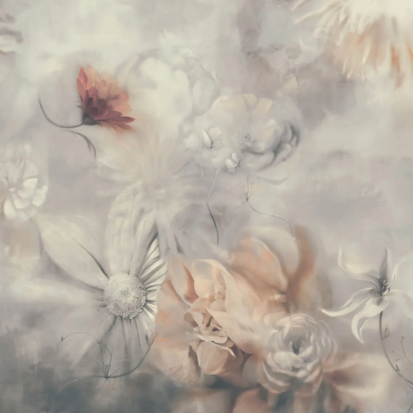 KOHRO Tessuto da rivestimento in cotone rosso e grigio blu Fleuraissance