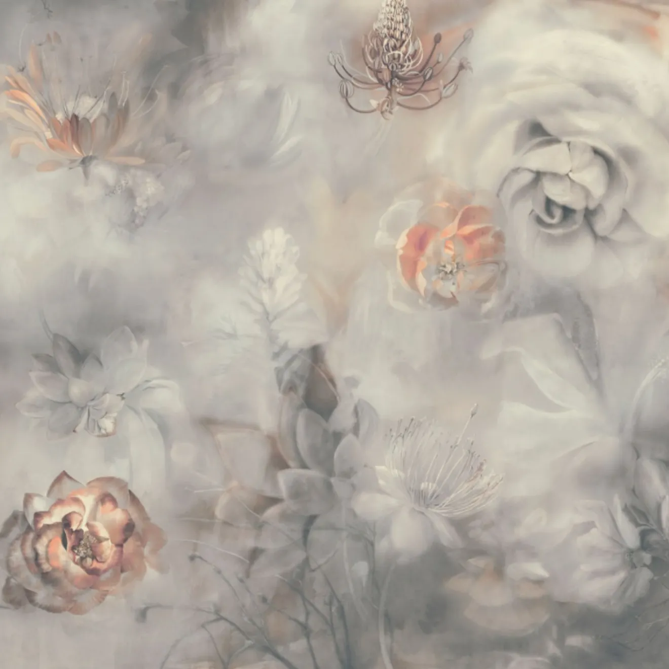 KOHRO Tessuto da rivestimento in cotone rosso e grigio blu Fleuraissance