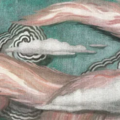 KOHRO Tessuto da rivestimento L'Oiseau de Feu in cotone rosa e azzurro