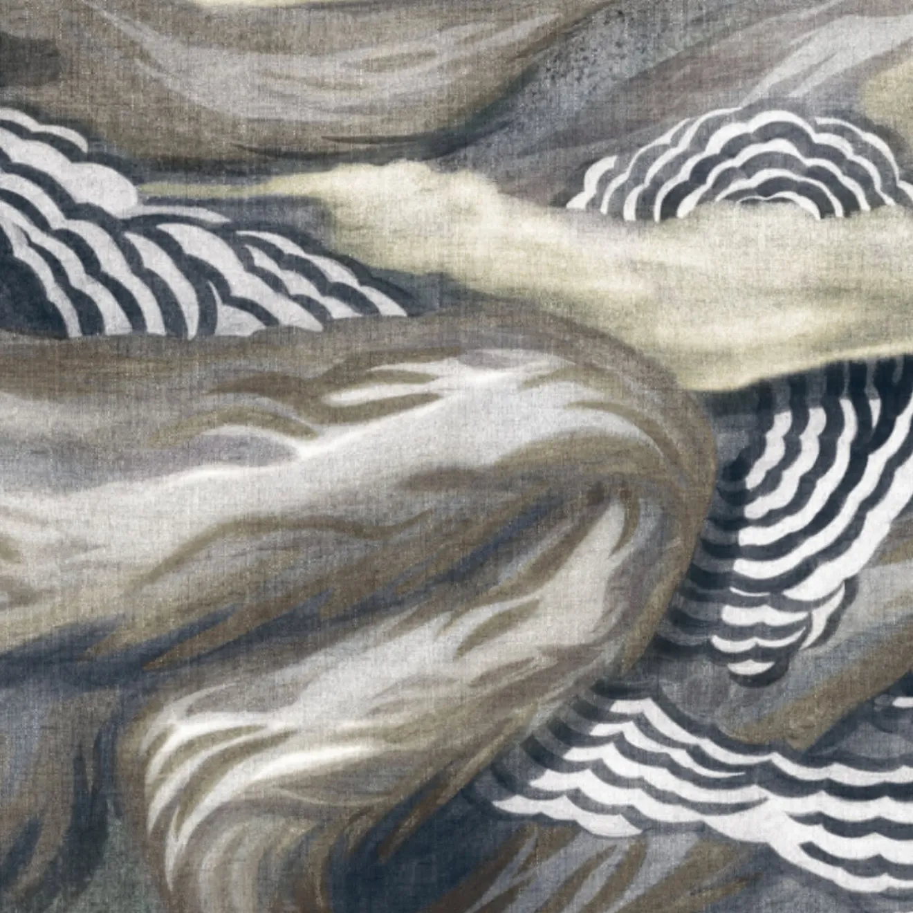 KOHRO Tessuto murale in cotone grigio e blu L'Oiseau de Feu