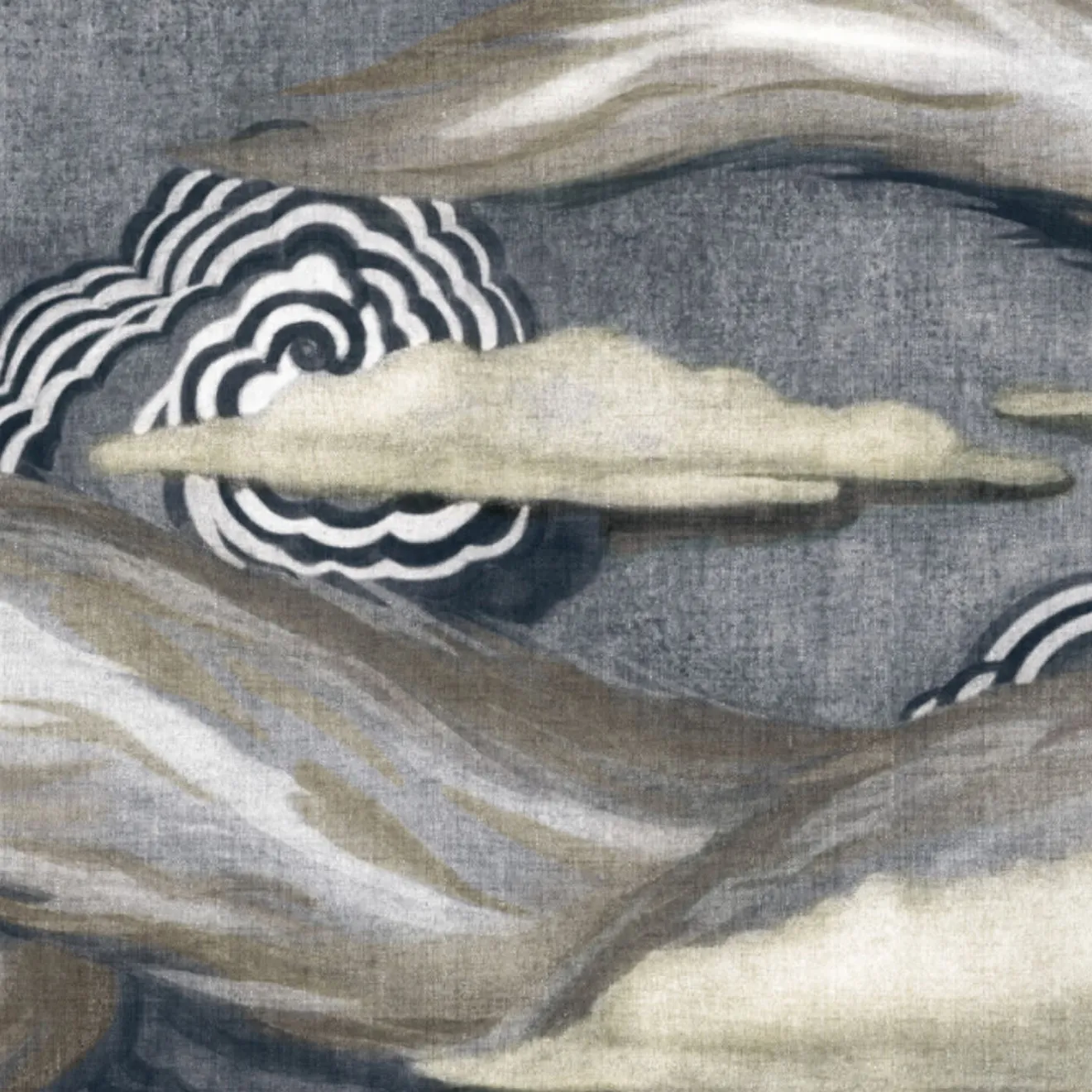 KOHRO Tessuto murale in cotone grigio e blu L'Oiseau de Feu