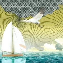 KOHRO Tessuto murale in poliestere giallo e blu mare