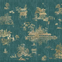 KOHRO Tessuto murale in poliestere verde e oro Ore e lampeggianti