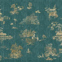 KOHRO Tessuto murale in poliestere verde e oro Ore e lampeggianti