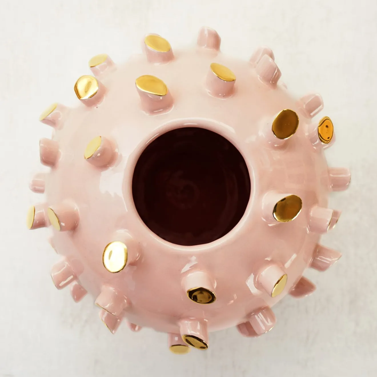 ND Dolfi Vaso Sferico Tronchetti In Ceramica Dorata E Rosa